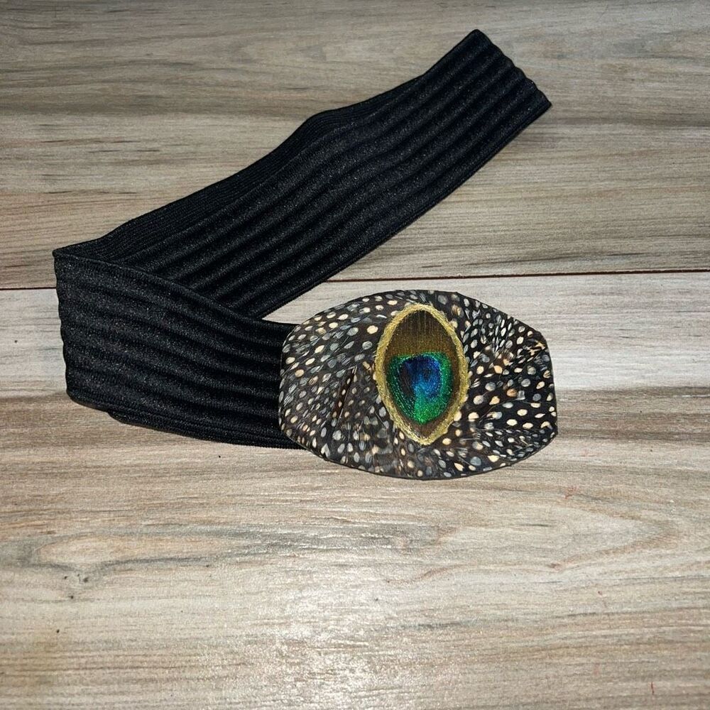 Lee Sands Taiwan Genuine Peacock & Pheasant Feathers Belt Stretch Medium/Large